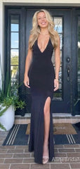 Simple Black V-neck Side Slit Mermaid Long Prom Dress, Evening Dress, PD38036