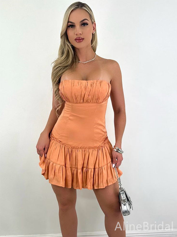 Sexy Burnt Orange Strapless Pleated Short Homecoming Dress, HD327981