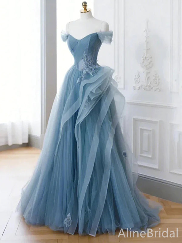 Elegant Blue Strapess A-line Long Prom Dres-Ruffles Tulle Evening Dress ,PD38047