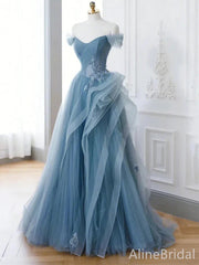 Elegant Blue Strapess A-line Long Prom Dres-Ruffles Tulle Evening Dress ,PD38047