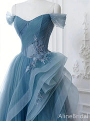 Elegant Blue Strapess A-line Long Prom Dres-Ruffles Tulle Evening Dress ,PD38047