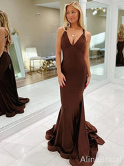 Sexy Chocolate Brown Backless Mermaid Long Prom Dress, Evening Gown, PD38049