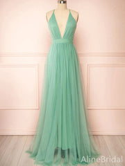Simple Deep V-neck Green A-line Long Prom Dress, Backless Tulle Evening Dress, PD38059