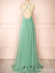 Simple Deep V-neck Green A-line Long Prom Dress, Backless Tulle Evening Dress, PD38059