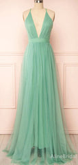 Simple Deep V-neck Green A-line Long Prom Dress, Backless Tulle Evening Dress, PD38059