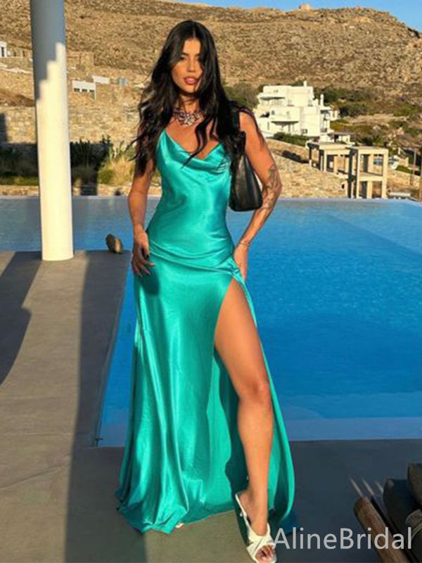 Elegant Teal Satin Maxi Prom Dress with Slit, Cowl Neck Evening Gown, PD38062