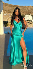 Elegant Teal Satin Maxi Prom Dress with Slit, Cowl Neck Evening Gown, PD38062
