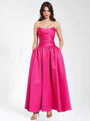 Walterina Fuchsia Satin Strapless Drop Waist Corset Gown