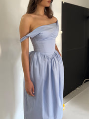 Reina Blue Cotton Poplin Drop Waist Corset Midi Dress