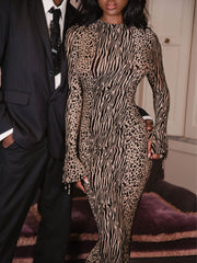 Waylynn Nude Black Animal Print Burnout Velvet Detail Mesh Backless Maxi Dress