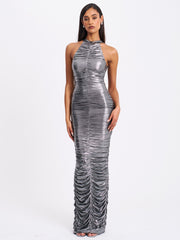 Abril Ruched Silver Glitter Backless Gown