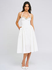 Gianna White Cotton Poplin Embroidered Halter Maxi Dress
