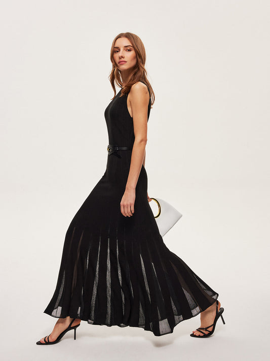 Semi-Sheer Mesh Flared Dress Without Belt