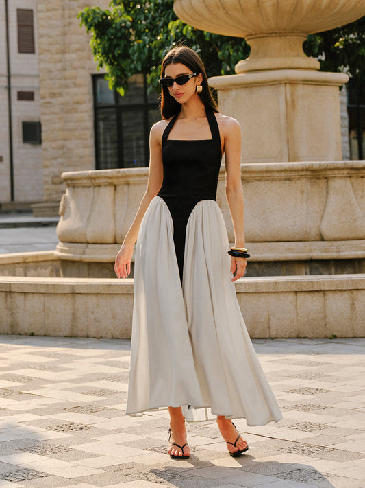 Color Block Halter Neck Linen Blend Dress