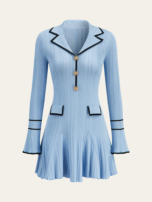 Contrast Trim Lapel Knit Dress