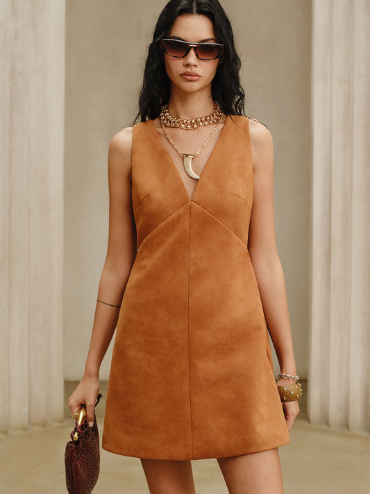 Suede Effect V-Neck Sleeveless Mini Dress