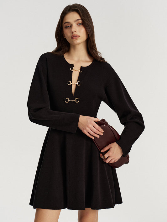 Horsebit Detail Knit Flared Dress