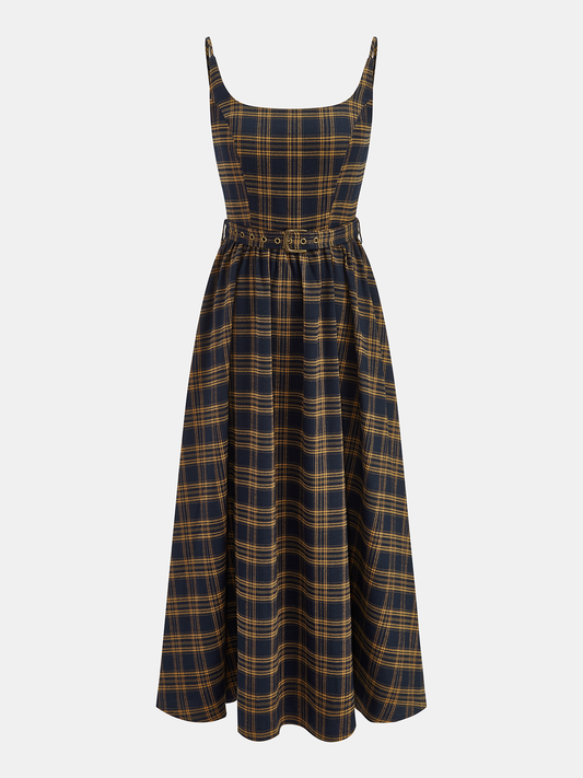 Plaid Smocked Bodice Belted Midi Dress