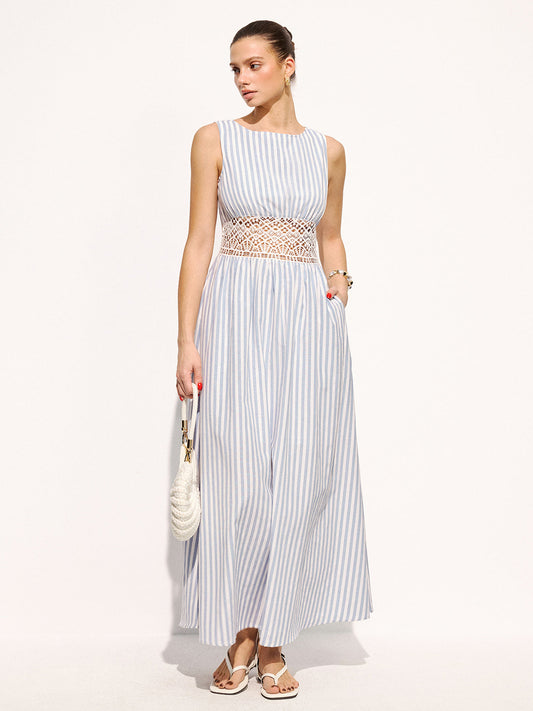 Striped Sleeveless Lace Waist Maxi Dress