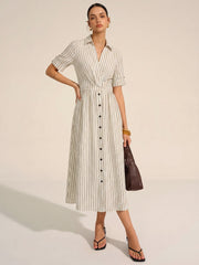 Cotton Linen Striped Midi Shirt Dress