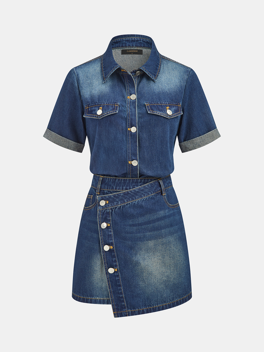 Short Sleeve Asymmetric Denim Shirt Dress