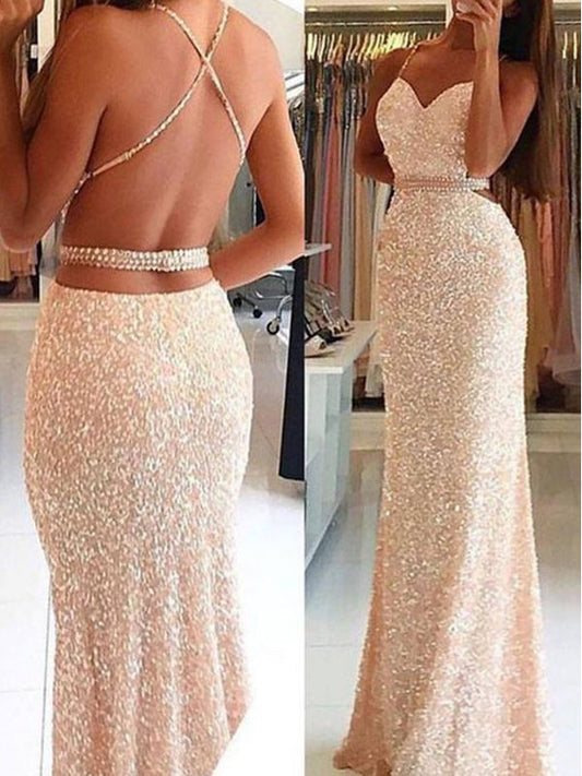 Sexy Peach Pink Sequins Backless Mermaid Prom Dress-Evening Party Formal Dress, PD0051