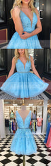 Blue Lace Beaded Sleeveless Fashion Homecoming Dresses,HD0014
