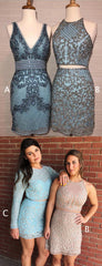 Blue Satin Silver Beading Sheath Mismatched Homecoming Dresses ,HD0033