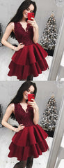 Burgundy Lace Satin Tiered Sleeveless V-neck Homecoming Dresses,HD0029