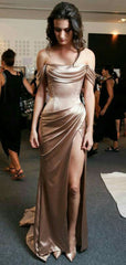 Charming Taupe Off Shoulder High Slit Prom Dress, Long Pleated Evening Dress, PD00186