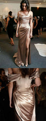 Charming Taupe Off Shoulder High Slit Prom Dress, Long Pleated Evening Dress, PD00186