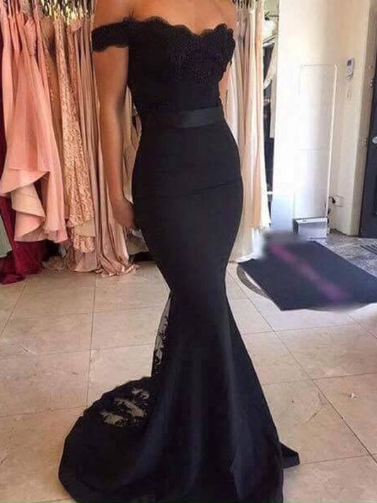 Sexy Black Tulle Off Shoulder Low Back Mermaid Prom Dress, Lace Trim Evening Dress, PD0163