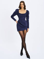 Denise Navy Tweed Ruched Puff Sleeve Mini Dress