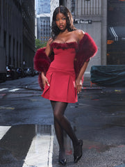 Nalia Crimson Fur Trimmed Sweetheart Mini Dress