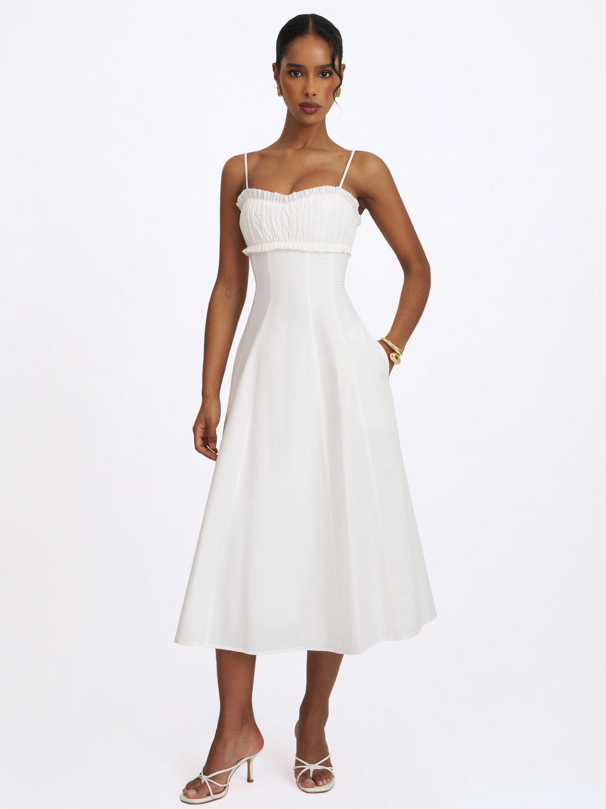 Vicenta White Cotton Poplin Ruched Midi Dress