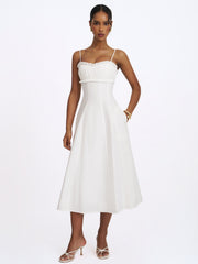 Vicenta White Cotton Poplin Ruched Midi Dress