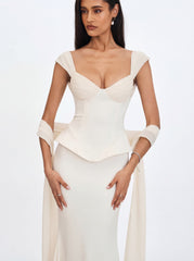Jessalyn Ivory Sweetheart Peplum Mermaid Wedding Dress with Chiffon Scarf