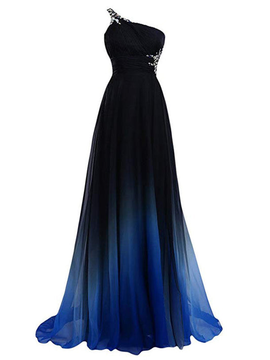 Stunning Black Blue Ombre One Shoulder Prom Dress-Elegant A-Line Chiffon Evening Gowns, PD0122