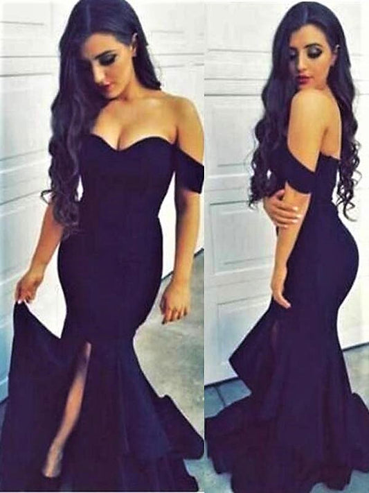 Sexy Black Off the Shoulder Ruffled Mermaid Evening Dress with Slit-Cocktail Evening Party Prom Dresses Online,PD0168