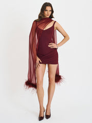 Tori Wine Red Pleated Mini Dress with Chiffon Scarf