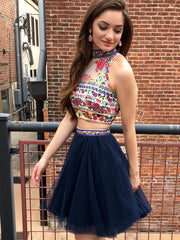 Navy Two Piece Embroidery High Neck Open Back Homecoming Dresses ,HD0019