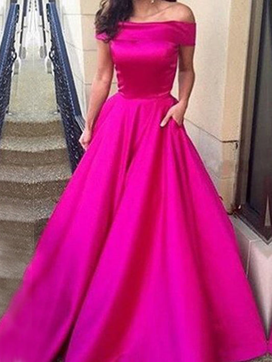 Elegant Hot Pink Off Shoulder A-line Ball Gown-Formal Prom Dress, PD0188