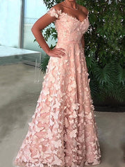 Elegant Blush Pink Butterfly A-Line Prom Dress, Off the Shoulder Tulle Gown, PD00247