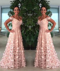 Elegant Blush Pink Butterfly A-Line Prom Dress, Off the Shoulder Tulle Gown, PD00247
