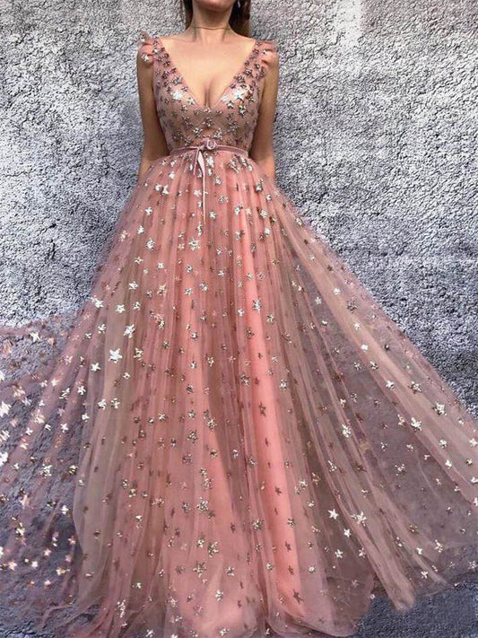 Sparkly Peach Pink Star Sequins A-line Tulle Prom Dress, PD00287