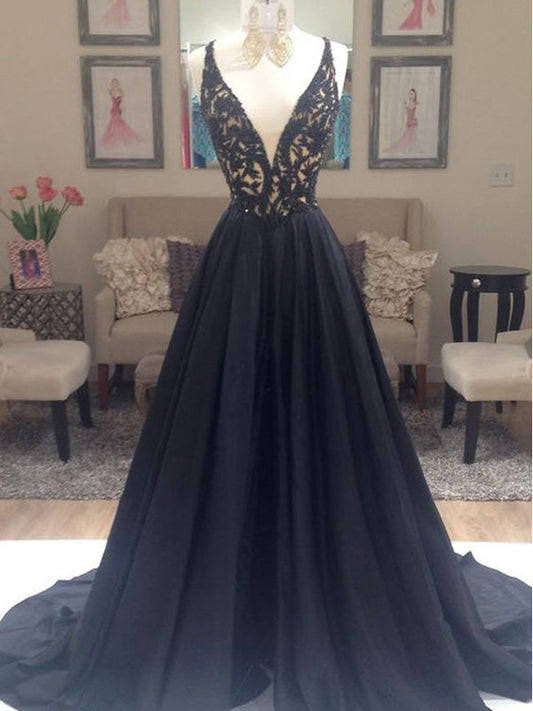 Sexy Black Beaded Lace Off Shoulder Prom Dress-Elegant V-Neck V-Back Evening Gown, PD0198