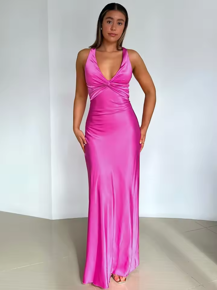 Sexy Pink V-neck Halter Criss Cross Back Long Prom Dress with Bow, Evening Dress,PD382053