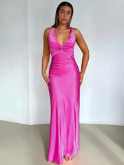 Sexy Pink V-neck Halter Criss Cross Back Long Prom Dress with Bow, Evening Dress,PD382053