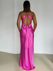 Sexy Pink V-neck Halter Criss Cross Back Long Prom Dress with Bow, Evening Dress,PD382053