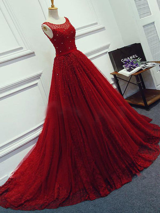 Red Beading Sparkly Unique Ball Gown Round Neck Formal Elegant Long Prom Dresses. BD0241